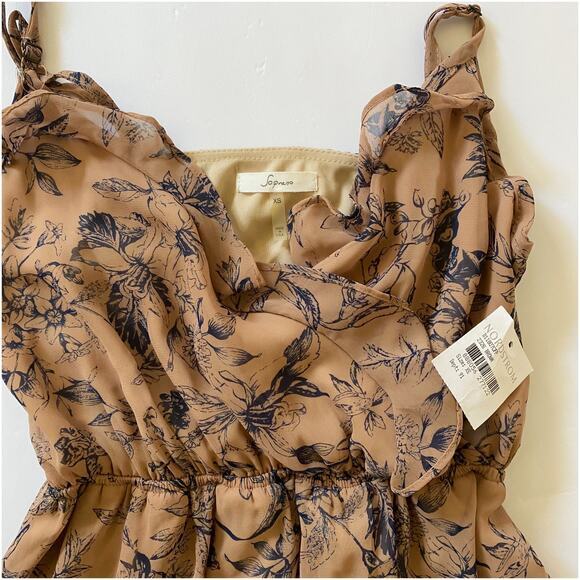 Nordstrom Soprano Brown Tan w/ Navy flowers Sheer ruffled‎ flowy dress - Picture 4 of 10